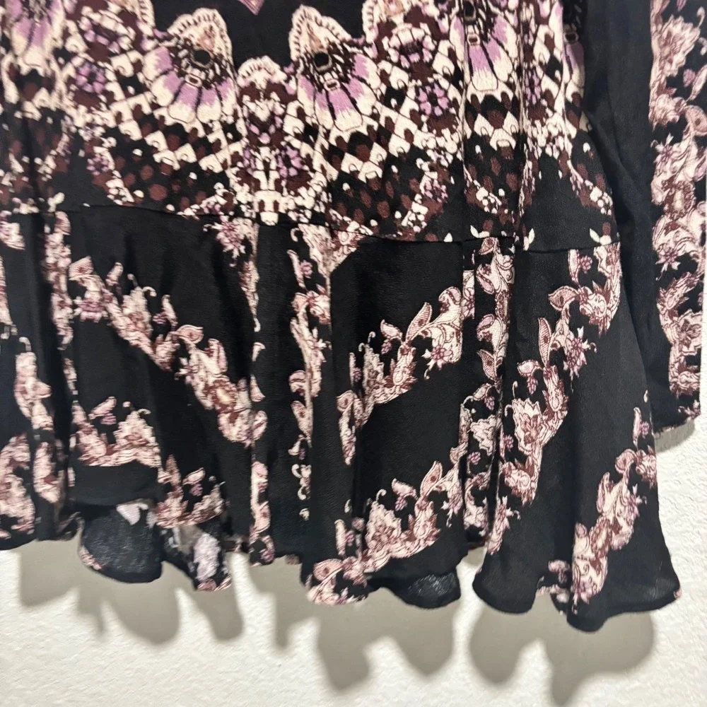 Free People Black Paisley Open Back Tiered Ruffle Tunic‎ Dress Top Womens Medium